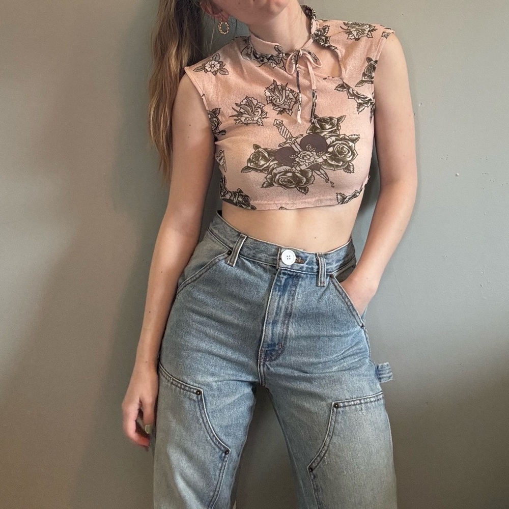 ASOS Mesh Floral Pink Super Crop Top.